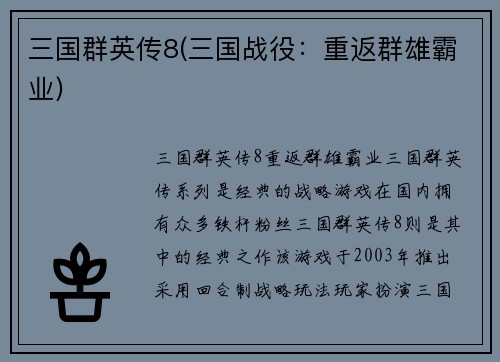 三国群英传8(三国战役：重返群雄霸业)